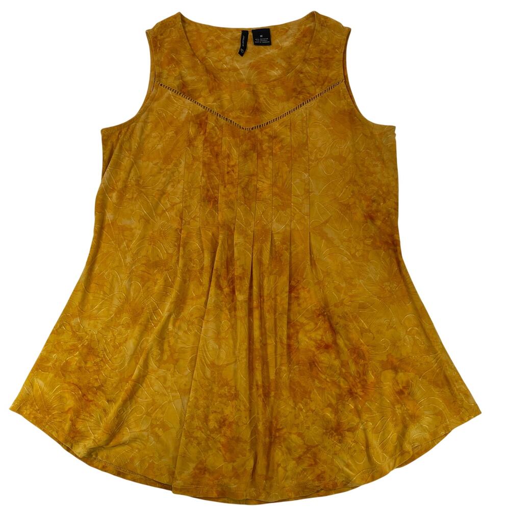 New Directions Vintage Yellow Floral Sleeveless Pleated Blouse Top Women's M